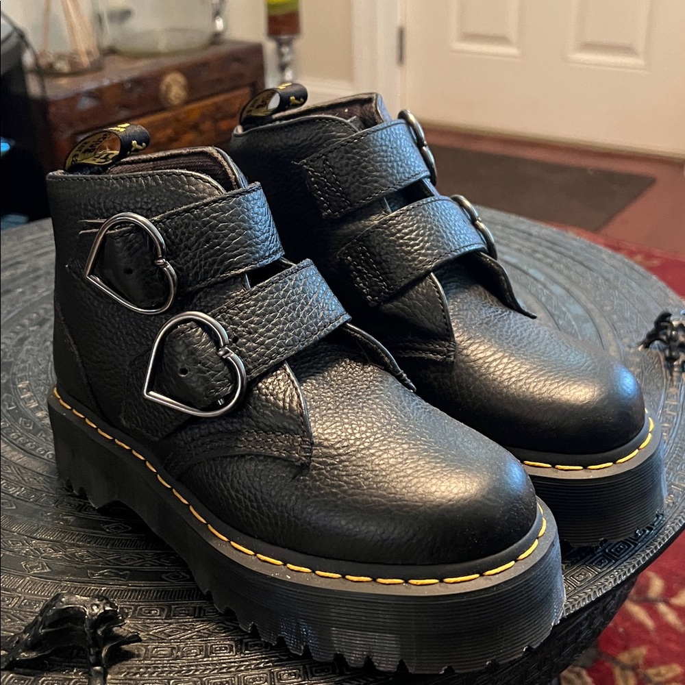 Dr. Martens DEVON Black Ankle Boots with Heart Buckles